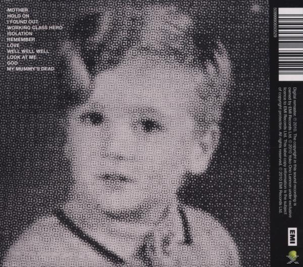 Dos d'un boîtier de CD, en noir et blanc. Le visage d'un bébé est au centre. Les titres des chansons sont listés.