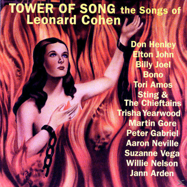 Albumhoes, vrouw in vuur, tekst "Tower of Song" en artiestennamen: Don Henley, Elton John, etc.