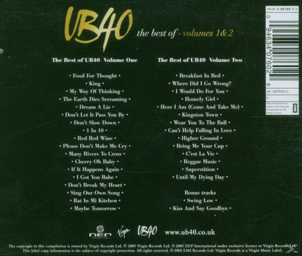 UB40 album borító. Zöld háttér arany szöveggel, amely az 1. és 2. kötet dalait sorolja fel.