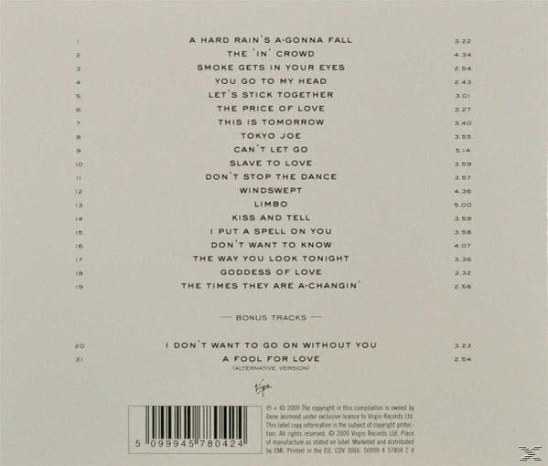 CD-Rückseite mit einer Titelliste. Es gibt einen weißen Hintergrund mit einem Titel oben.