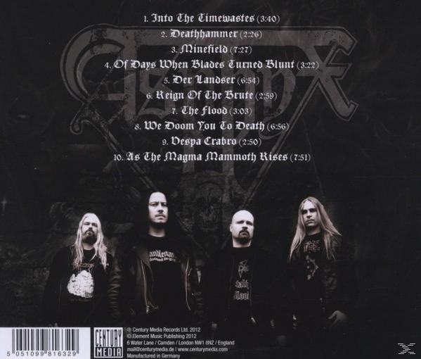 Rückseite des Albums: Titelliste und Bandmitglieder. Schwarzer Hintergrund mit dem Logo der Band.