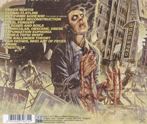 Albumcover: eine zombieartige Figur, umgeben von einer zerstörten Stadt, mit einem morbiden, blutigen Thema.