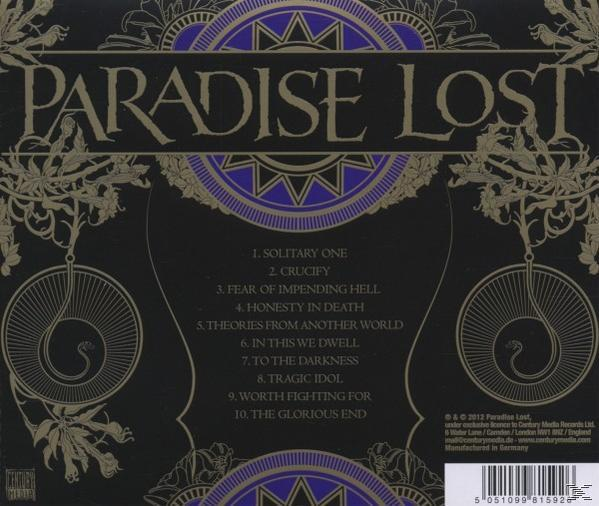 CD-Cover. Paradise Lost. Dunkler Hintergrund mit kunstvollem Design. Trackliste. Lila und goldene Akzente.