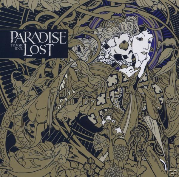Albumcover, Paradise Lost, Tragic Idol. Goldene und blaue Kunstwerke mit Figuren, Schädeln und floralen Elementen.
