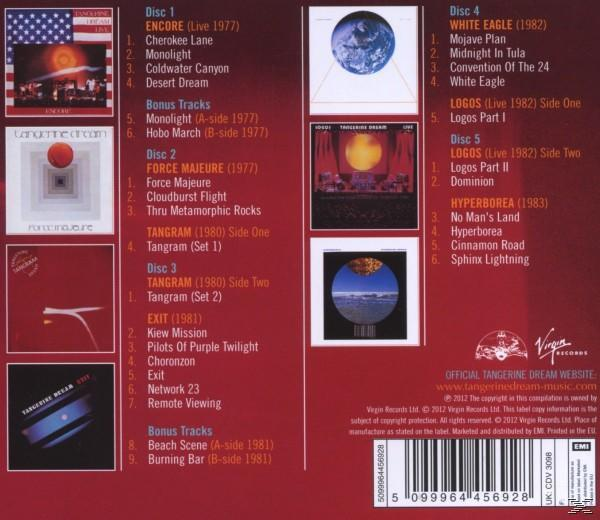 Albumcover mit Titellisten. Das Album ist von Tangerine Dream. Enthält Bilder von Albumcovern und der amerikanischen Flagge.