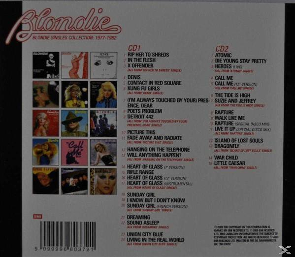 Albumcover mit mehreren Fotos von Blondie-Singles. Text: 'Blondie Singles Collection 1977-1982'.