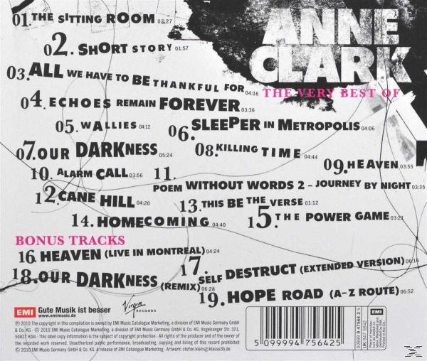 CD-Cover mit einer Titelliste und Text. Titel: The Very Best of Anne Clark. Weiß und Schwarz.