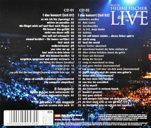 CD-Rückseite mit Bühnenszene und Titelliste. Der Titel lautet "Best of Helene Fischer Live".