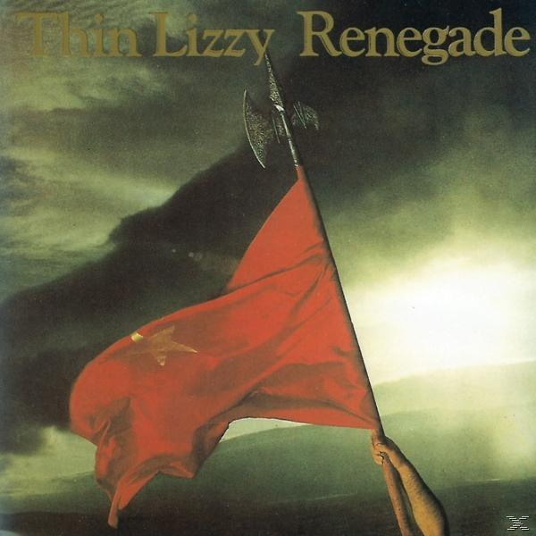 Albumcover. Thin Lizzy, Renegade. Eine rote Flagge mit einem Stern, gehalten von einer Hand, vor einem stürmischen Himmel.