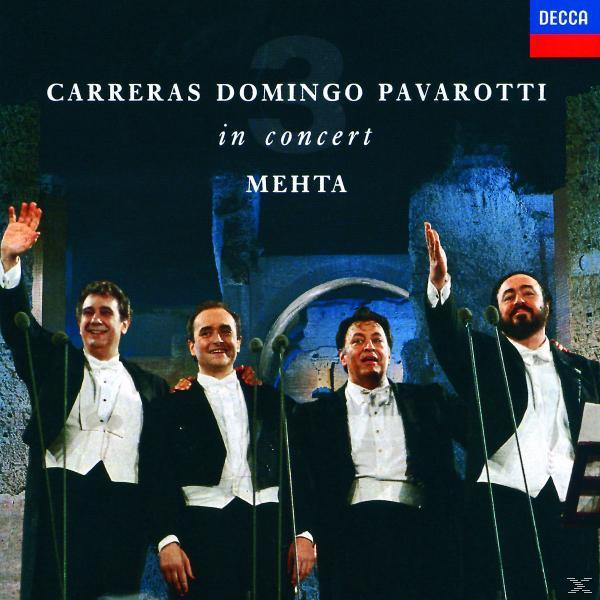 Albumcover mit vier Männern in Anzügen, Text lautet 'Carreras Domingo Pavarotti in concert Mehta'.