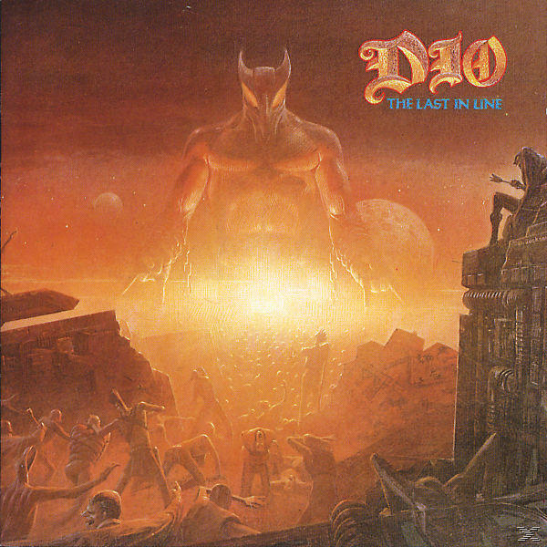 Albumcover: Dio, The Last In Line. Eine dämonenartige Figur vor einem feurigen Hintergrund, mit einer Stadt in Trümmern.