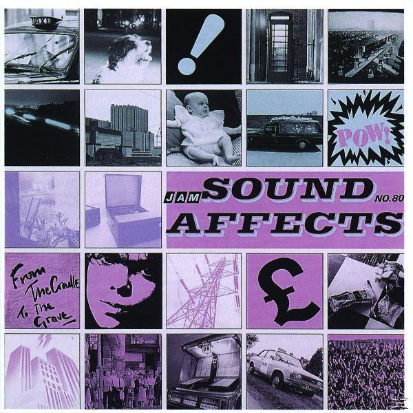 Albumcover für 'Sound Affects' von The Jam, mit einer Collage aus verschiedenen Bildern und Text.