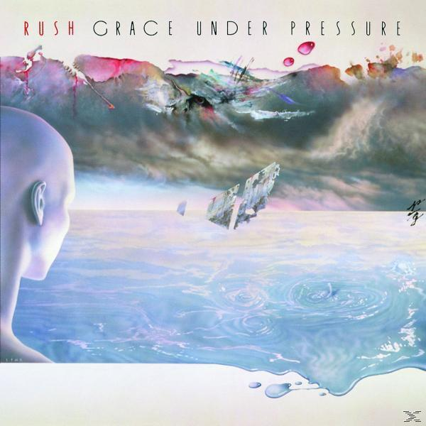 Albumcover mit einer surrealen Landschaft und einem menschlichen Kopf, der auf Wasser blickt, abstrakte Elemente.