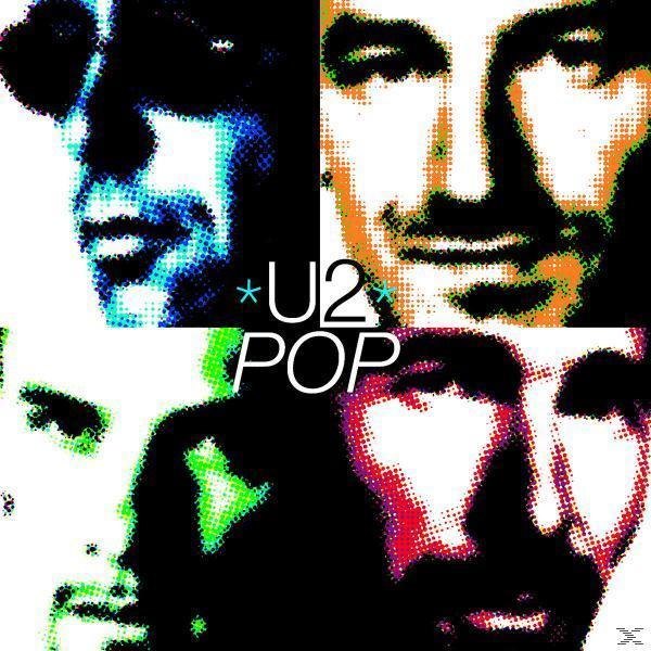 Albumcover: U2's Pop. Vier farbige Halbtonbilder der Gesichter der Bandmitglieder, mit dem Wort "POP" in der Mitte.