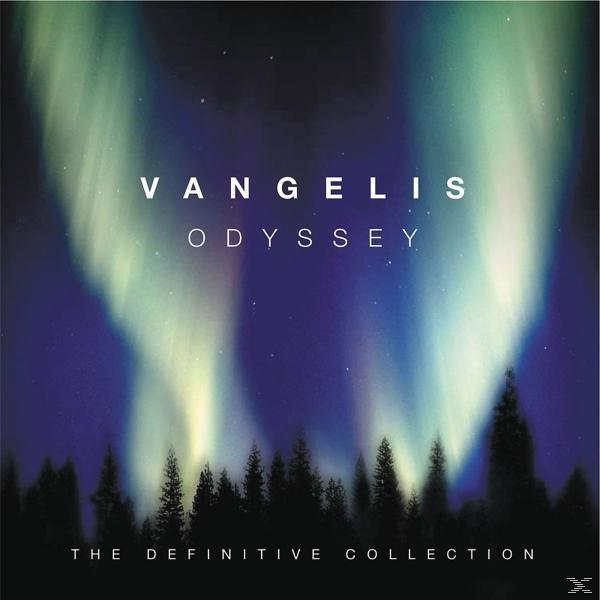 Albumcover, Vangelis, Odyssey. Hintergrund mit Nordlichtern, Bäume im Vordergrund, weißer Text.