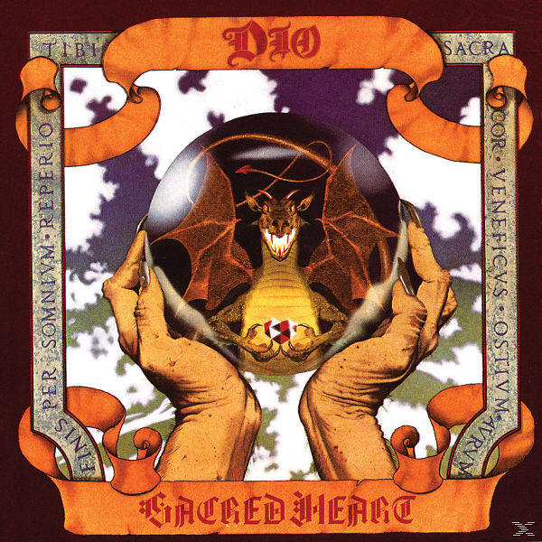 Albumcover für Dios Sacred Heart. Enthält Hände, die eine Kristallkugel mit einem Drachen darin halten.