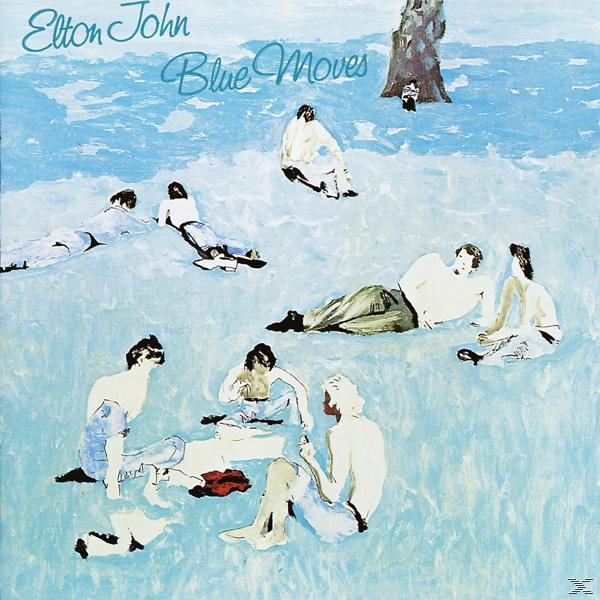 Albumcover: Menschen auf hellblauem Untergrund, mit 'Elton John' und 'Blue Moves'.