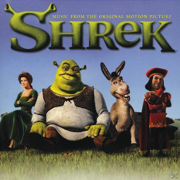Albumcover mit Shrek und anderen Figuren auf einem grünen Feld. Titel: Shrek.