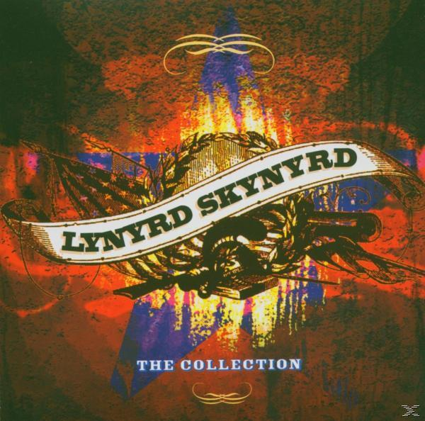 Lynyrd Skynyrd album borítója, 'The Collection'. Egy szalagot, sast és amerikai zászlót ábrázol. Piros és narancssárga árnyalatok.