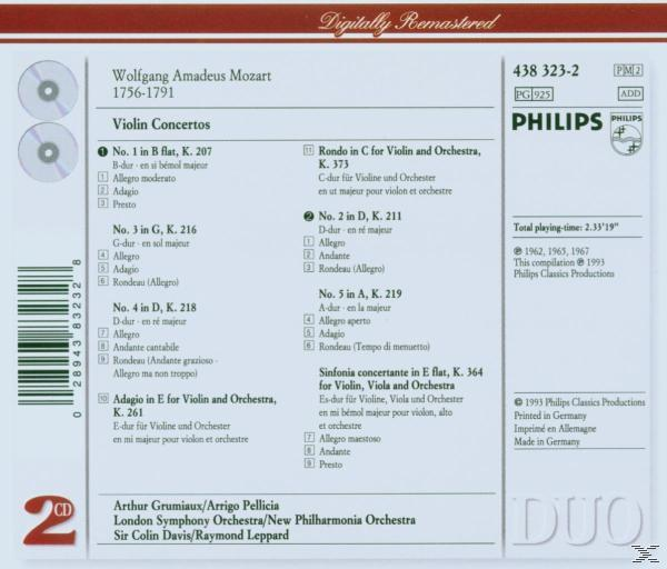 Mozart hegedűverseny album borítója, két CD-vel, számlistával és a Philips Classics logóval.