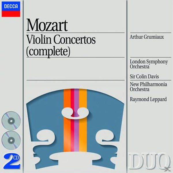 Album borító: Mozart hegedűversenyek, hegedű grafikával és számlistával.