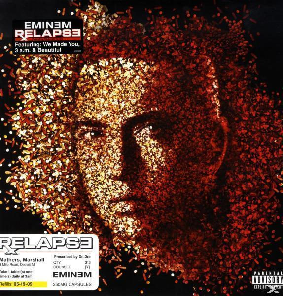 Eminems Albumcover: Gesicht aus Pillen und schwarzer Hintergrund.