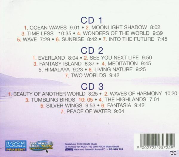Album-Rückseite mit Titellisten für drei CDs. Weißer Text auf hellblauem Hintergrund. Barcode unten.