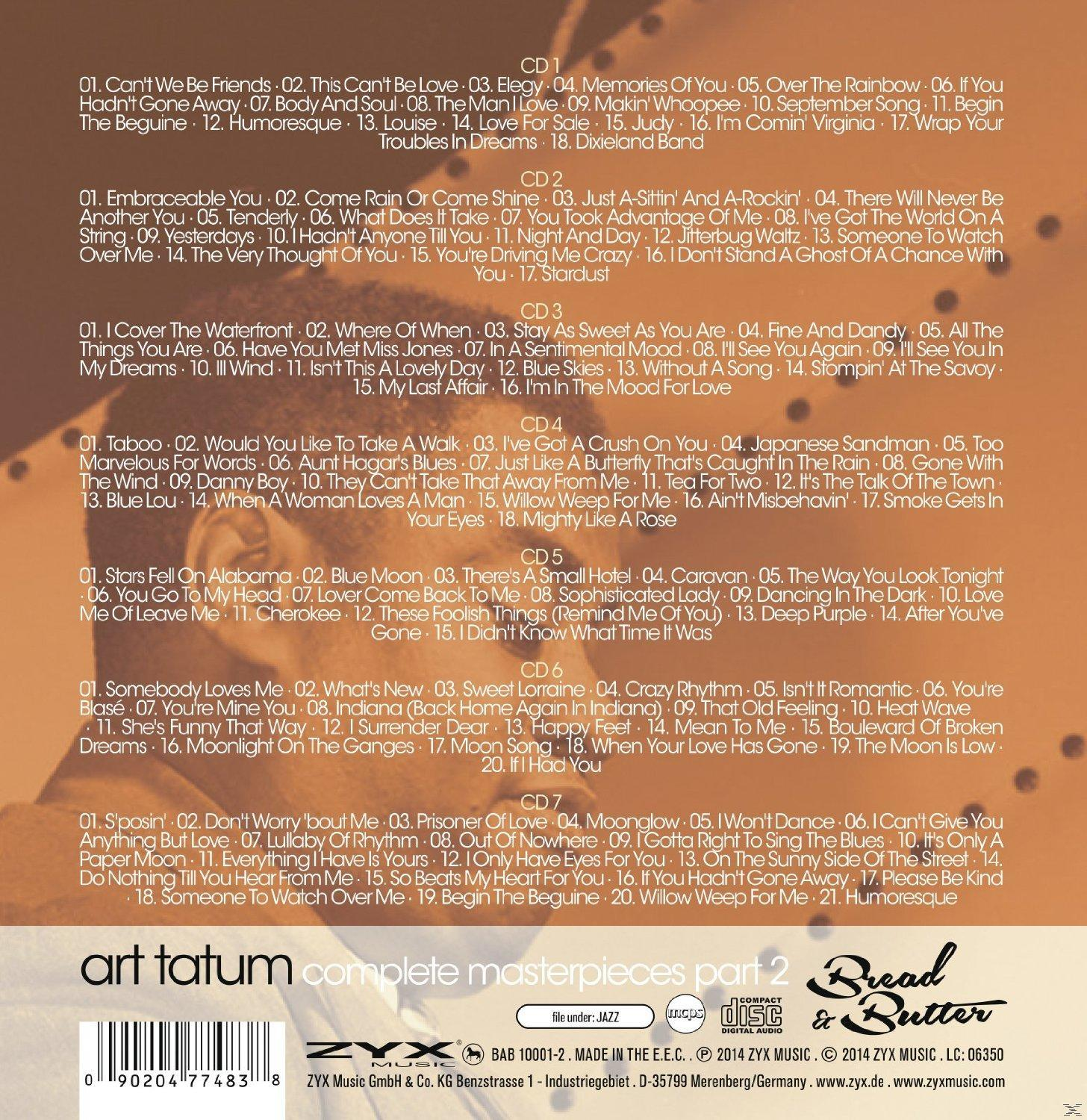 Albumcover: 'Art Tatum Complete Masterpieces part 2'. Schwarzer Hintergrund mit Text und ZYX Music Logo.