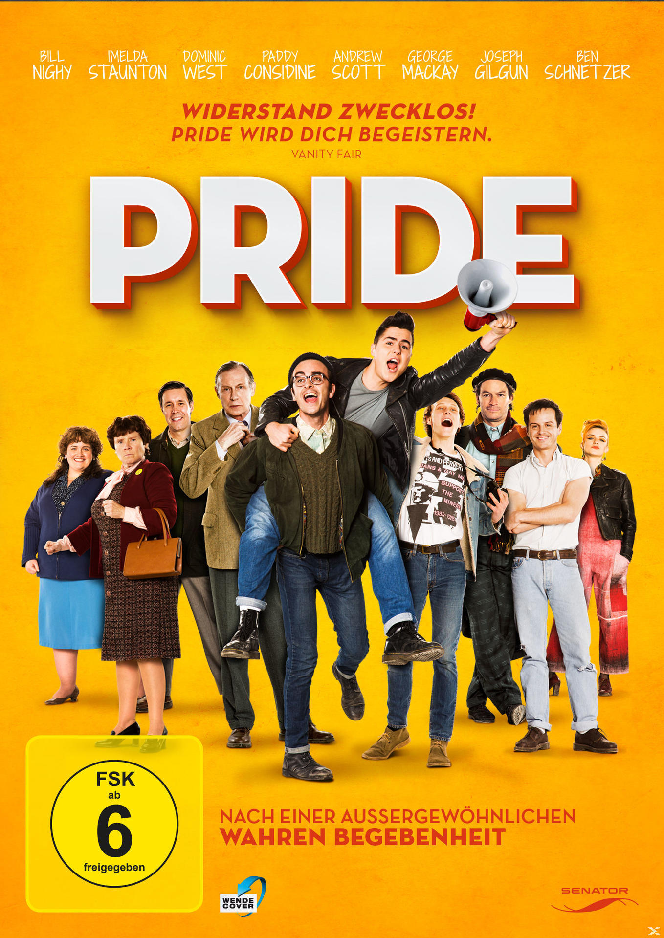Filmposter. Menschengruppe, leuchtende Farben, Titel 'Pride'.