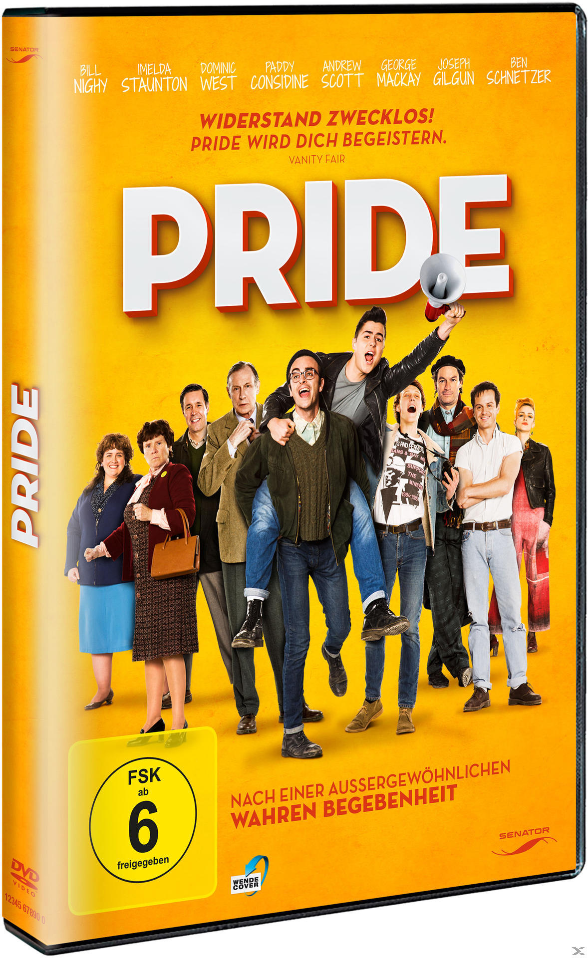 DVD-Hülle: Pride. Eine Gruppe von Leuten, die einen Mann auf ihren Schultern tragen. Gelber Hintergrund.