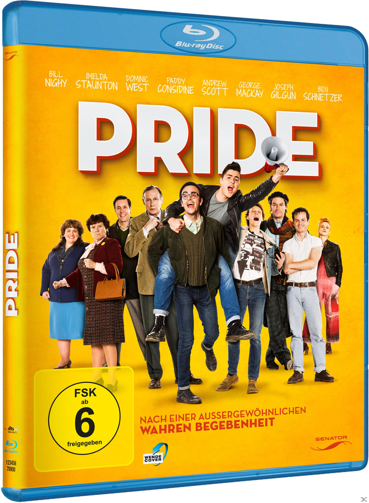 Filmcover. Gruppe von Menschen auf gelbem Hintergrund. Titel 'Pride' oben.