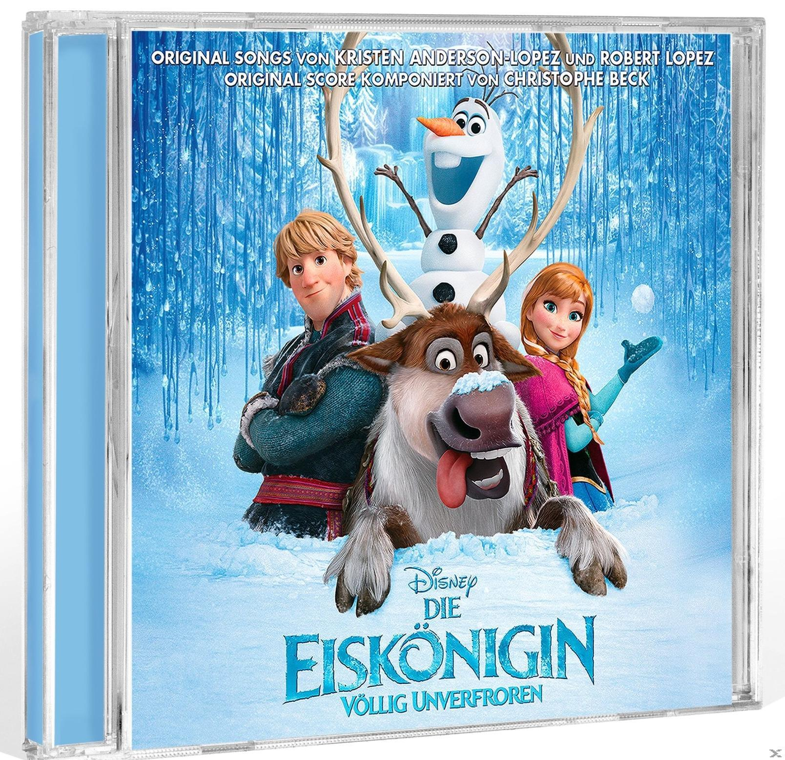 Albumcover: Frozen-Filmcharaktere. Olaf, Sven, Anna und Kristoff. Blauer Hintergrund mit Schnee.