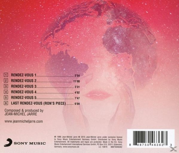 CD hátlap: Jean-Michel Jarre, 'Rendez-Vous' album, arc sziluett, számlista.