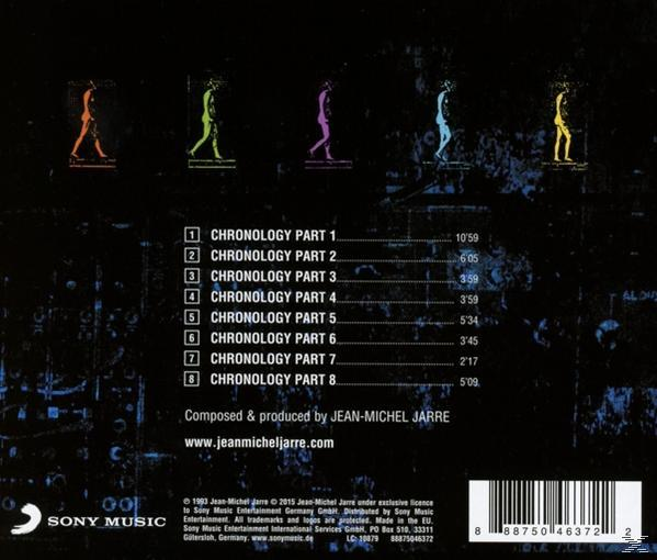 Jean-Michel Jarre Chronology CD-je. Sötétkék háttér sétáló alakokkal. A számlista és a Sony Music logó látható.