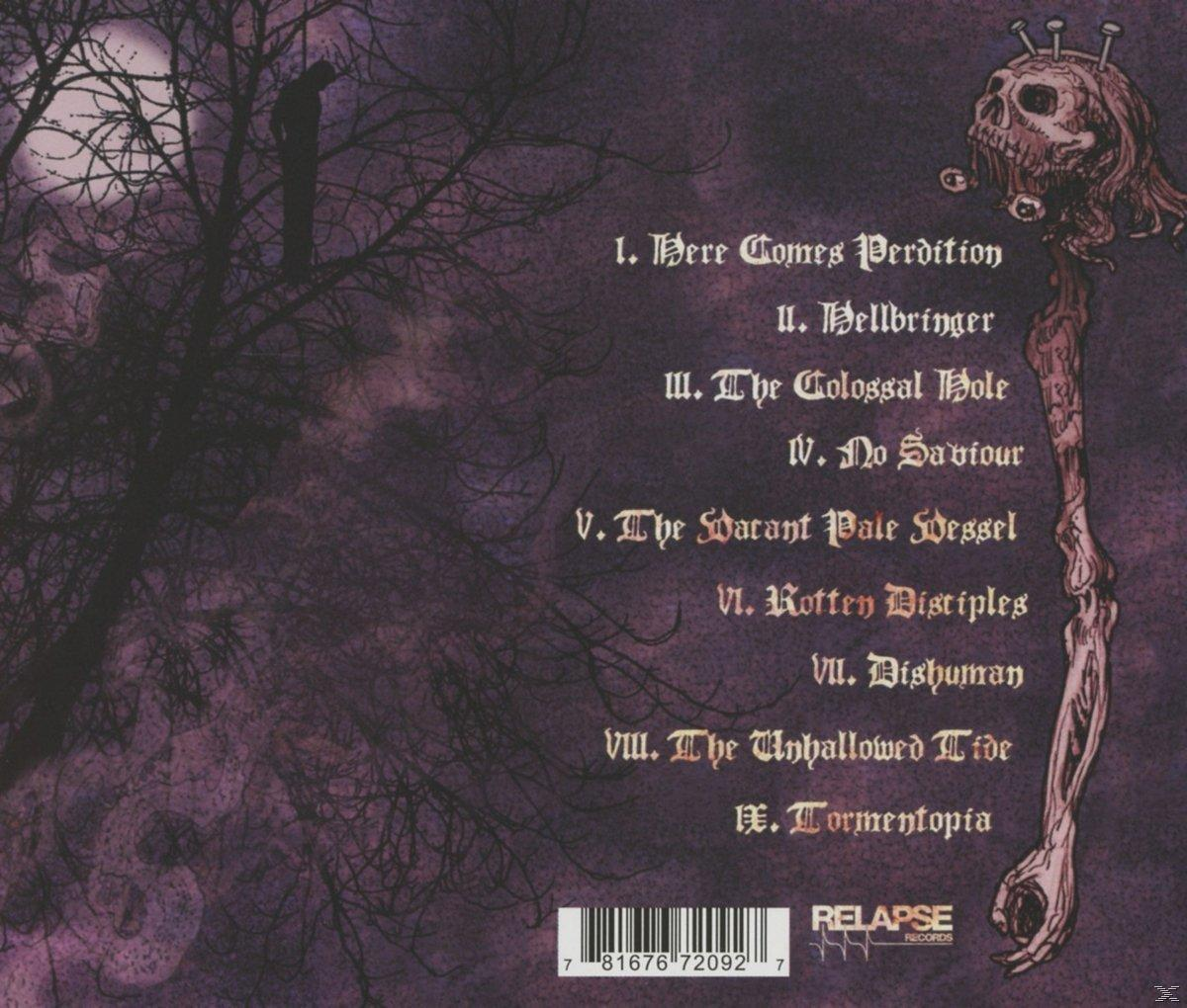 Rückseite eines Albumcovers mit Songliste und Totenkopfkunst.