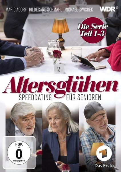 DVD-Hülle für 'Altersglühen' mit drei älteren Menschen an einem Tisch. Text auf Deutsch, mit Logos und Bewertung.