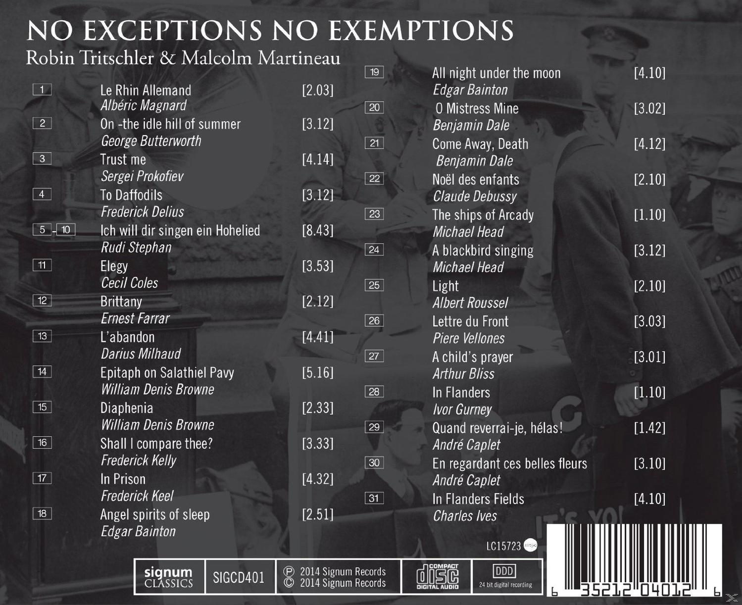 Robin Tritschler, Malcolm Martineau - No Exceptions-No Exemptions-Great War Songs  - (CD)