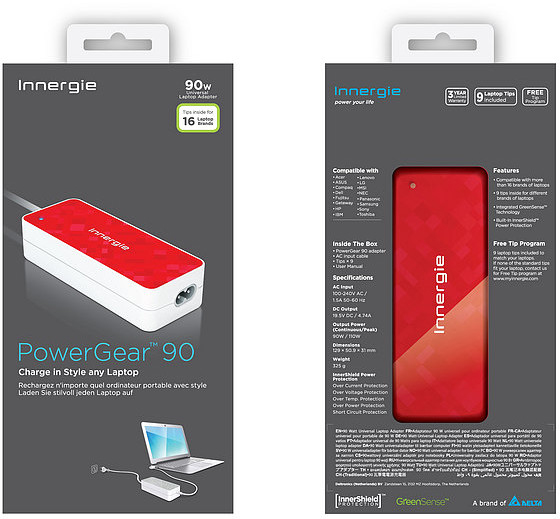 INNERGIE 70131 90 Watt Universal Adapter Notebook Netzteil 100-240 Volt, Rot