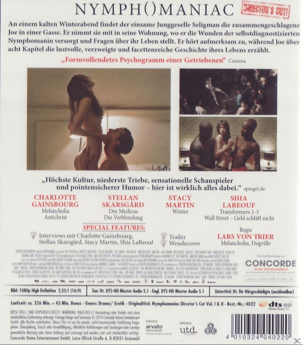 Filmcover. Eine Frau befindet sich in einer sinnlichen Position mit einem Mann. Text: NYMPH()MANIAC, Director's Cut.