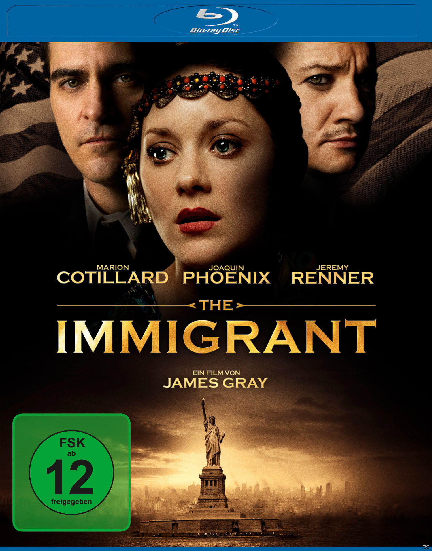 Filmplakat: Gesichter von drei Schauspielern, Freiheitsstatue, Titel 'The Immigrant'.