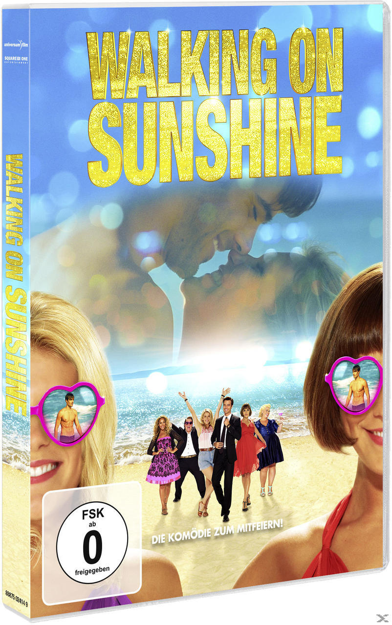 Filmcover, Menschen küssen sich und eine Gruppe von Leuten am Strand mit dem Text 'Walking on Sunshine'.