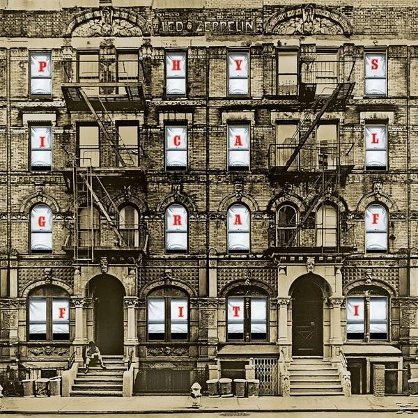 Albumcover: Backsteinfassade mit Fenstern, Text 'Led Zeppelin' und Buchstaben.