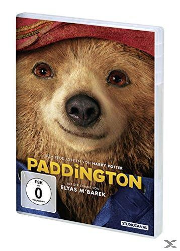 DVD-Cover von Paddington. Nahaufnahme eines Bärengesichts mit dem Titel 'Paddington' und Text. Blaue und rote Farben.