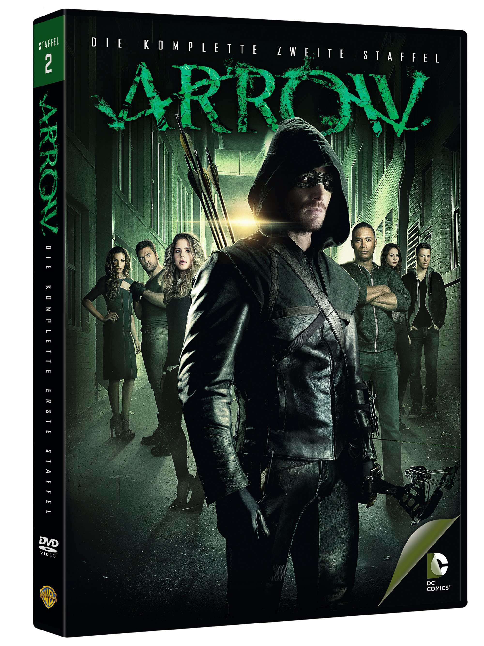 Arrow DVD-Cover. Ein Mann mit Kapuze und Bogen steht mit einer Gruppe von Leuten.