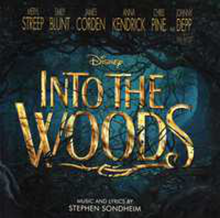 Az "Into the Woods" musical plakátja sötét erdei háttérrel és arany szöveggel.