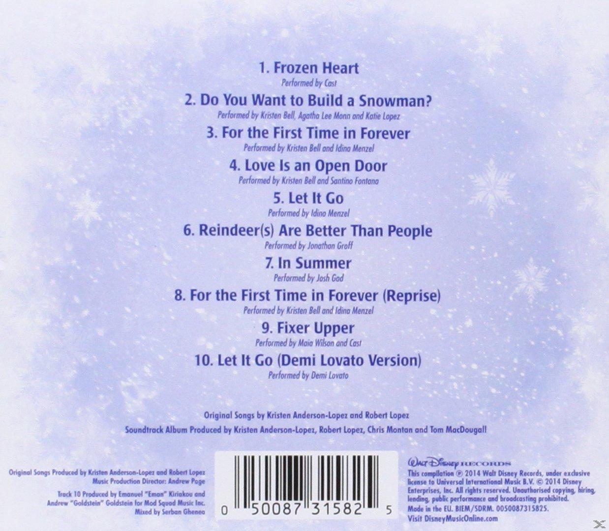 Frozen Albumrückseite mit Songtiteln und Text auf weißem Hintergrund.