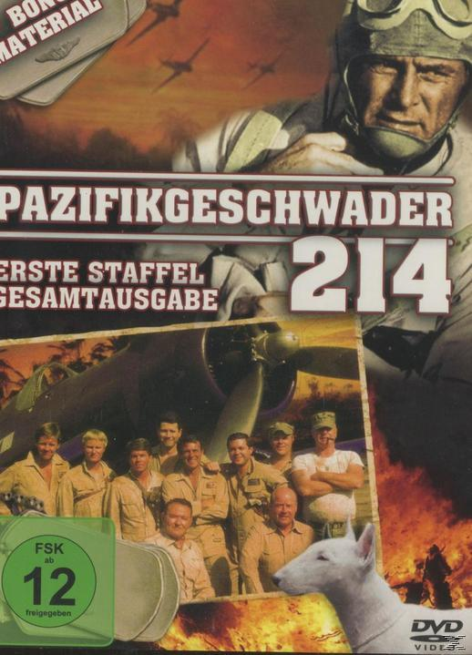 DVD-Cover. Männer in Uniform und ein Hund. Text: Pazifikgeschwader 214, Erste Staffel Gesamtausgabe.