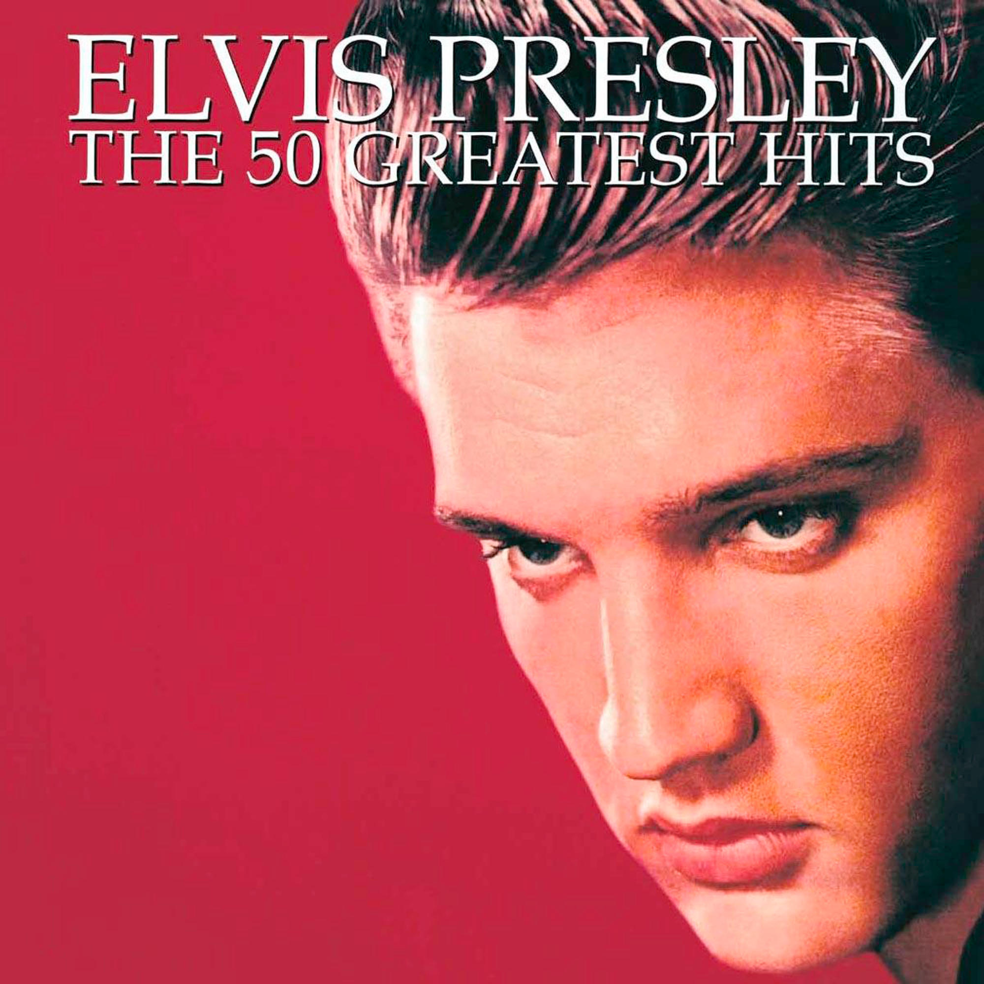 Elvis Presley album borító, Elvis portréja piros háttér előtt.