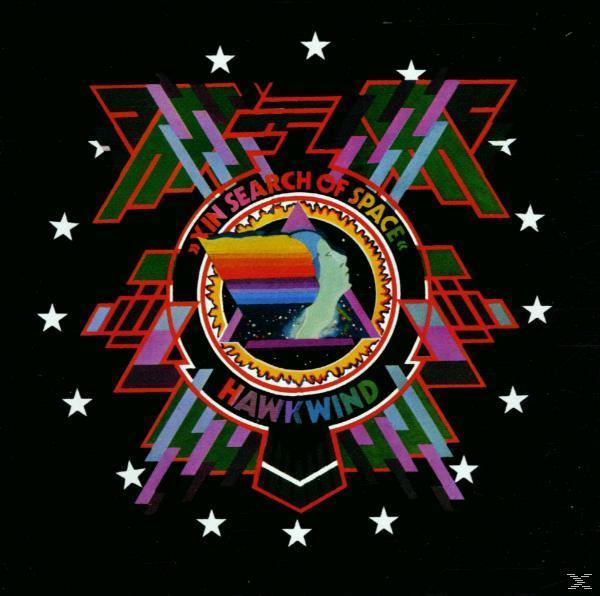 Albumcover mit geometrischem Design und Text 'IN SEARCH OF SPACE' und 'HAWKWIND'.