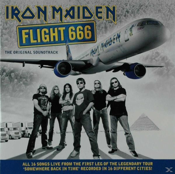 Albumcover mit Iron Maiden und einem Flugzeug. Das Flugzeug befindet sich über einer Gruppe von Männern.